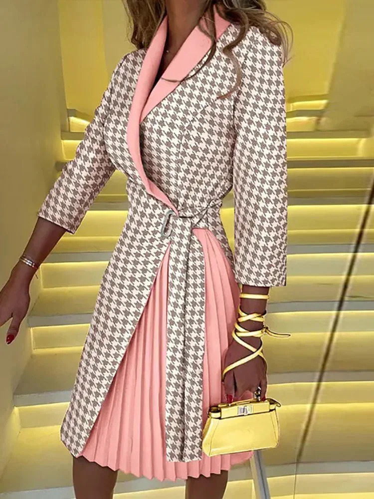 Women Autumn V Neck Party Dress Office Lady Printed Lacing Up Elegant Three Quarter Sleeve Femme Slim Vestidos 240227