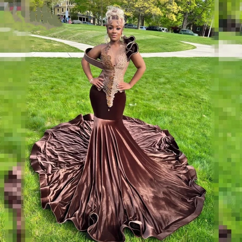 Mermaid Sexy Chocolate Veet Prom Dresses for African Women 2024 Beaded Plus Size Birthday Party Gowns Vestidos De Fiesta