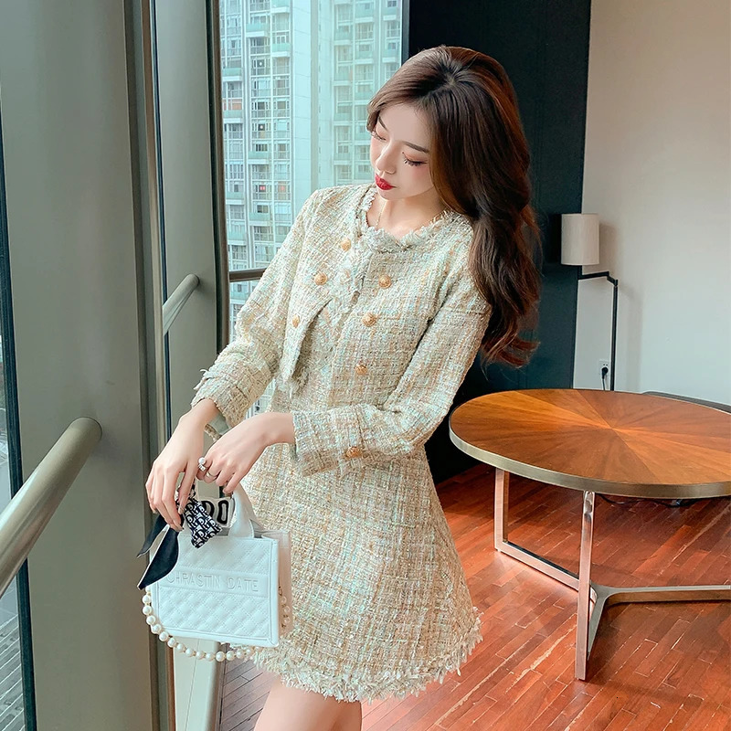 Runway Womens Clothes Small Fragrance Tassel Tweed Jacket Coat High Quality Mini Chic Slim Dress Two Pieces Set Suit 240223