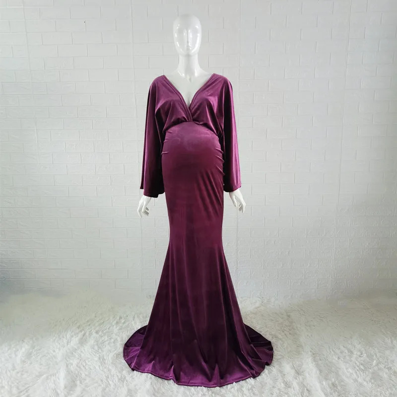 Winter Velvet Boho Maternity Long Dress For Po Shoot Bohemian Pography Bodycon Vneck 240301