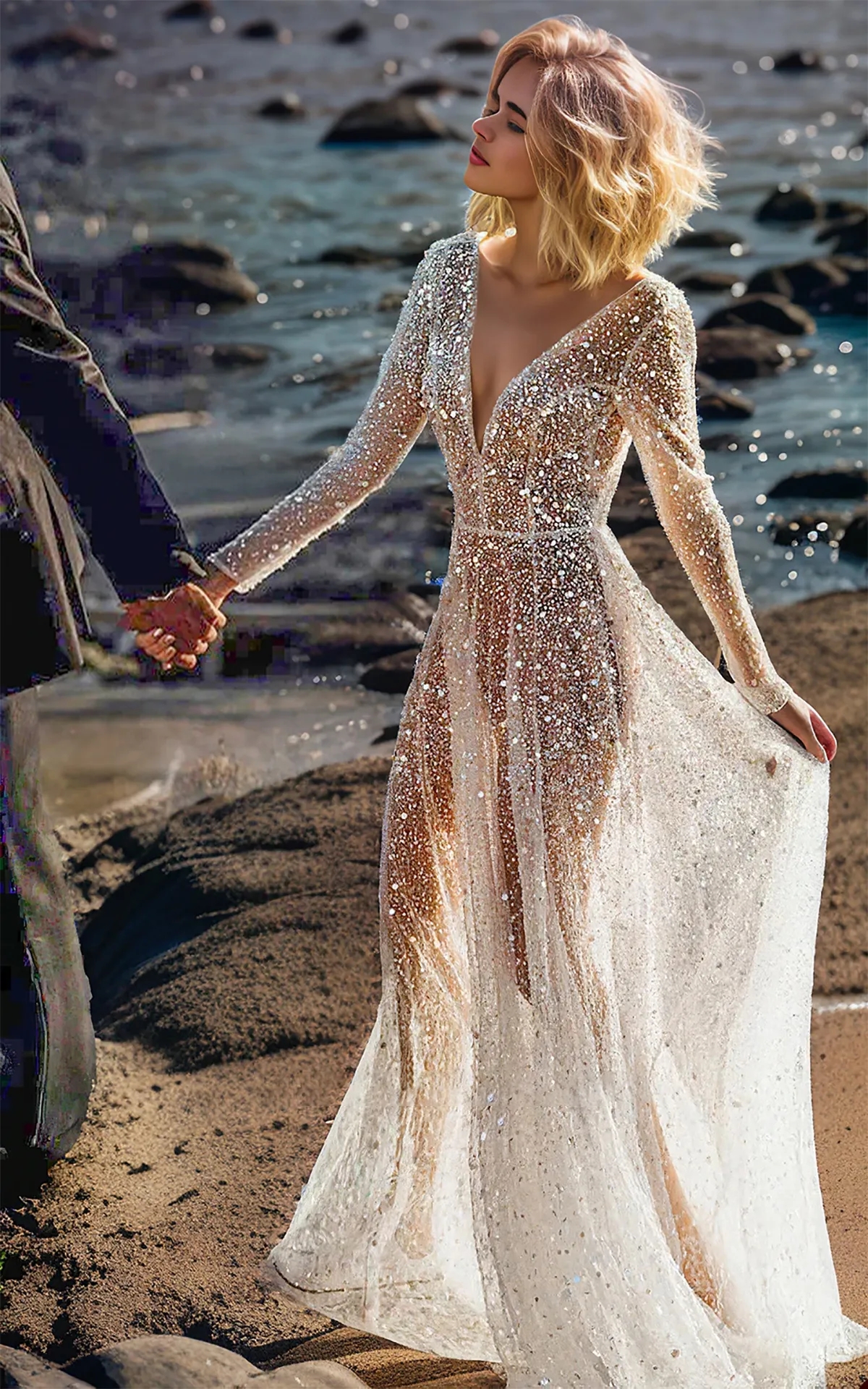 Glitter V Neck Wedding Long Sleeve Sequined Bridal Gowns A E Backless Illusion Bride Dresses Custom Made Plus Size 6660312