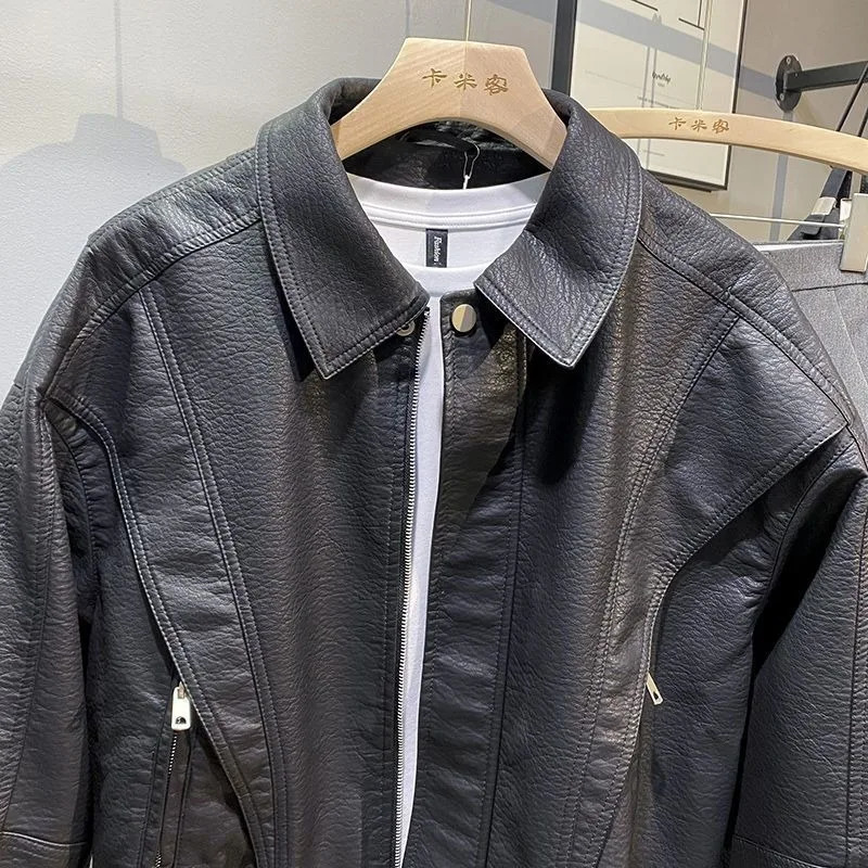 Handsome Lapel American Motorcycle Leather Jacket 2024 Spring Autumn Style Short Fashionable Retro Men 240223