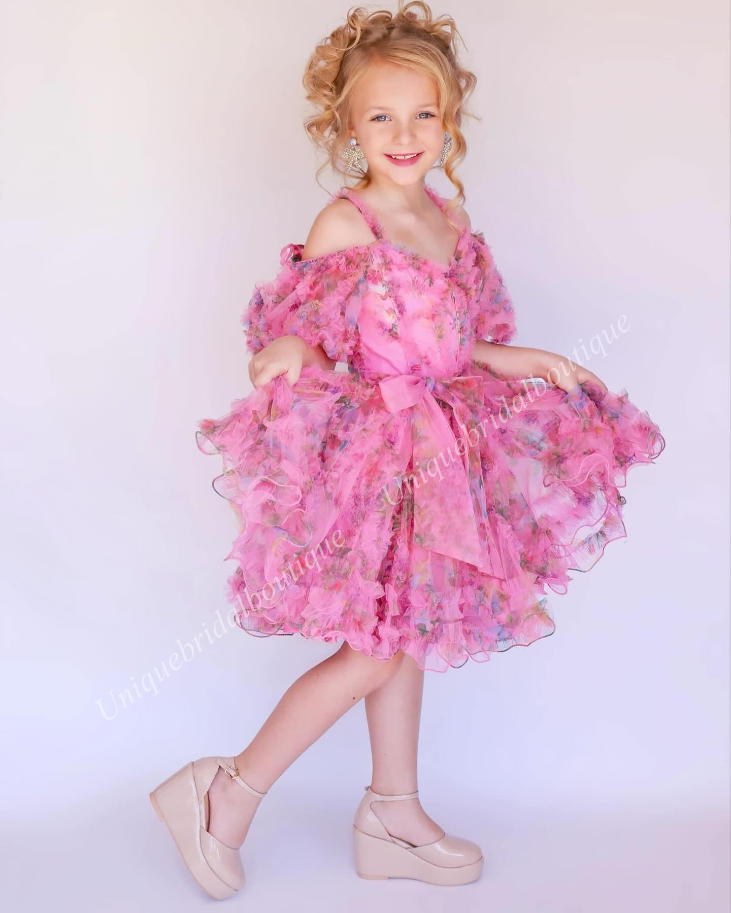 Print Floral Girl Pageant Dress 2025 Ruffed Ballon Sleeves Little Kid Birthday Cocktail Formal Party Gown Infant Toddler Teens Preteen Tiny Young Juni