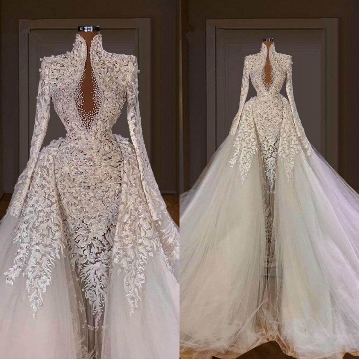Gorgeous Applique Mermaid Wedding Dress Lace Pearls Bridal Gowns With Overskirts Illusion Bride Dresses Custom Made Vestido De Novia 0219