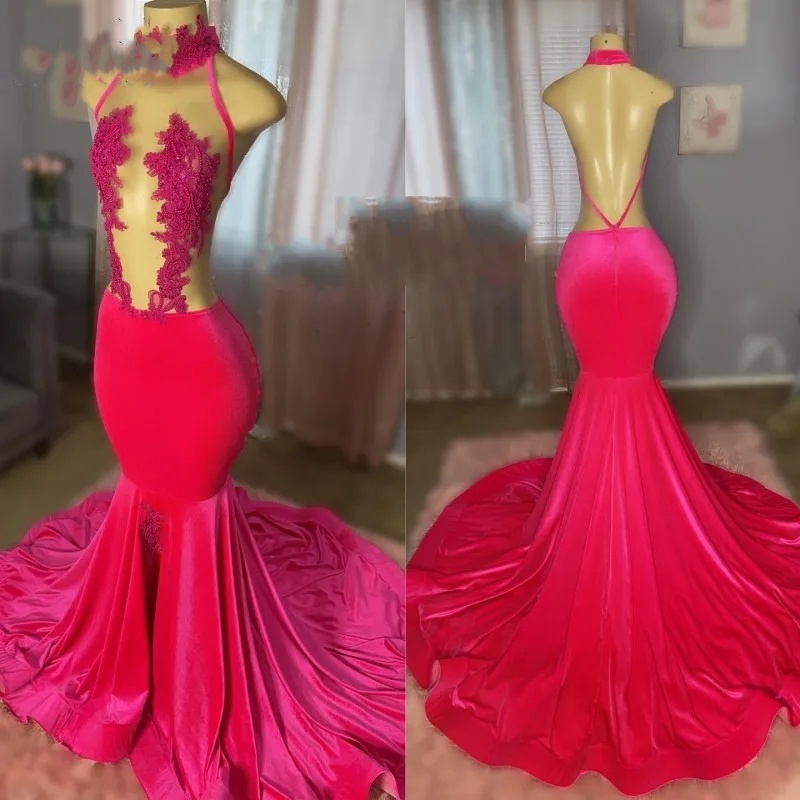 Sexy Backless Lace Magenta Prom Dresses For Woman 2024 Halter Beading Veet Mermaid Party Gowns Birthday Outfits Long 0431