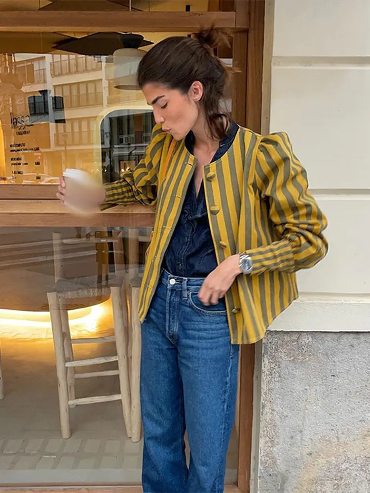 Fashion Contrast Strip Thin Crop Coat Women Elegant O Neck Puff Sleeve Bomber Jacket Spring Lady Chic Artistic Streetwear 240304