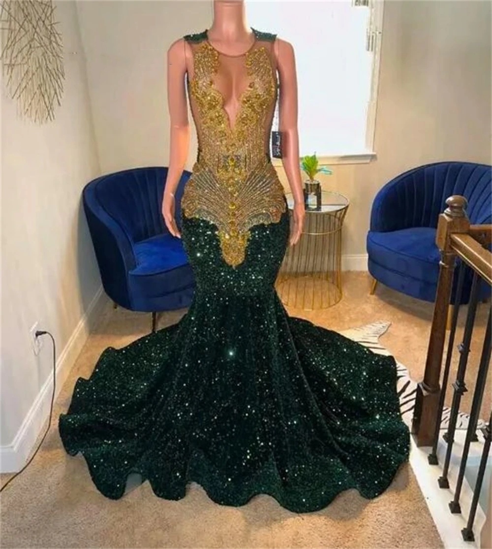 Sequin Unique Gold Green Crystal Beaded Mermaid Prom Dresses 2024 Sexy Sheer Mesh Handmade Dia Black Girl Gala Gowns