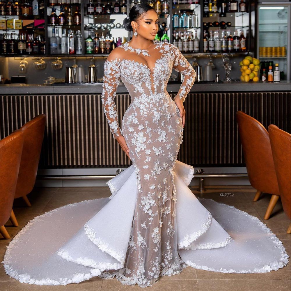 Mermaid Gorgeous Lace Wedding Dresses Beaded Plus Size Bridal Gowns Long Sleeves Sheer Jewel Necke Appliqued Vestido De Novia