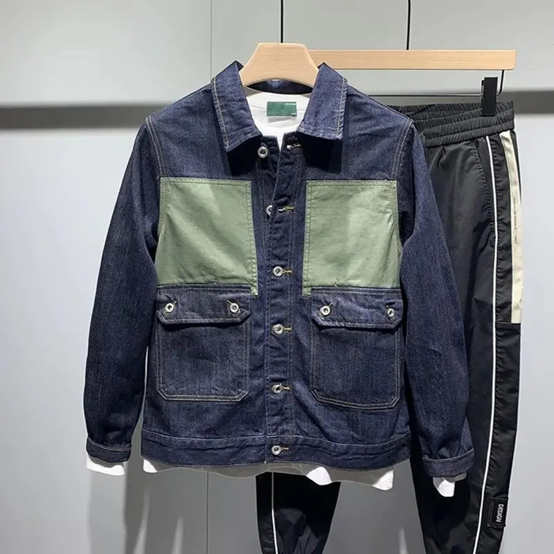 Korean Fashion Patchwork Denim Jacket For Men Spring Autumn American Pockets Cargo Streetwear Trend Male Coat Mens Clothing 240223