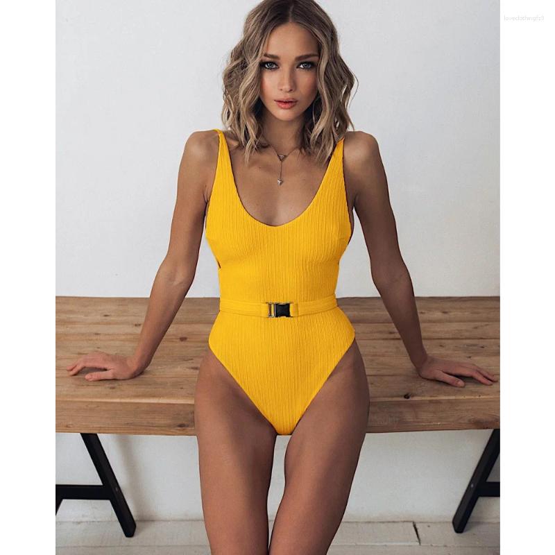 Women One Piece Swimsuit V Neck Belted Backless Brazilian Swimwear