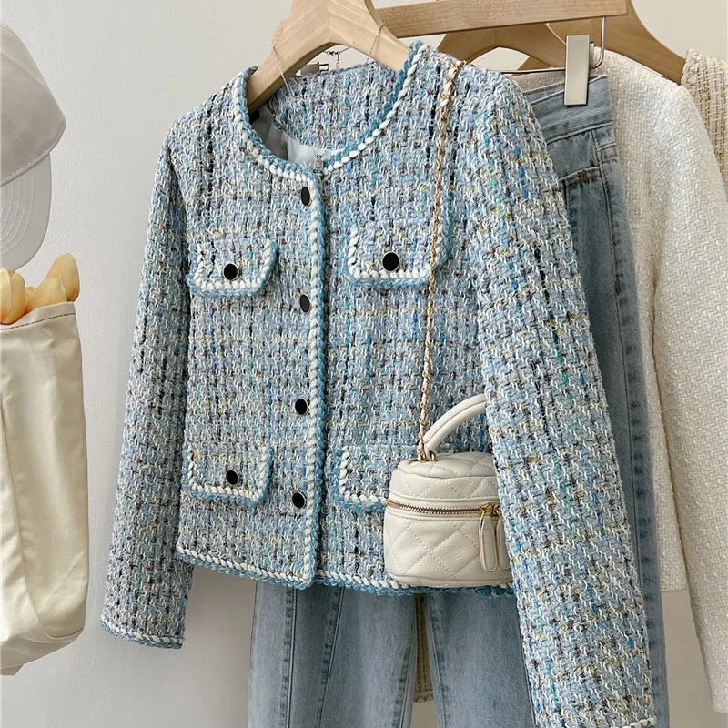 Autumn Winter Blue Tweed Knitted Coat Womens French Style Overcoat Small Fragrant Outwear Suit Top Short Jacket 240226