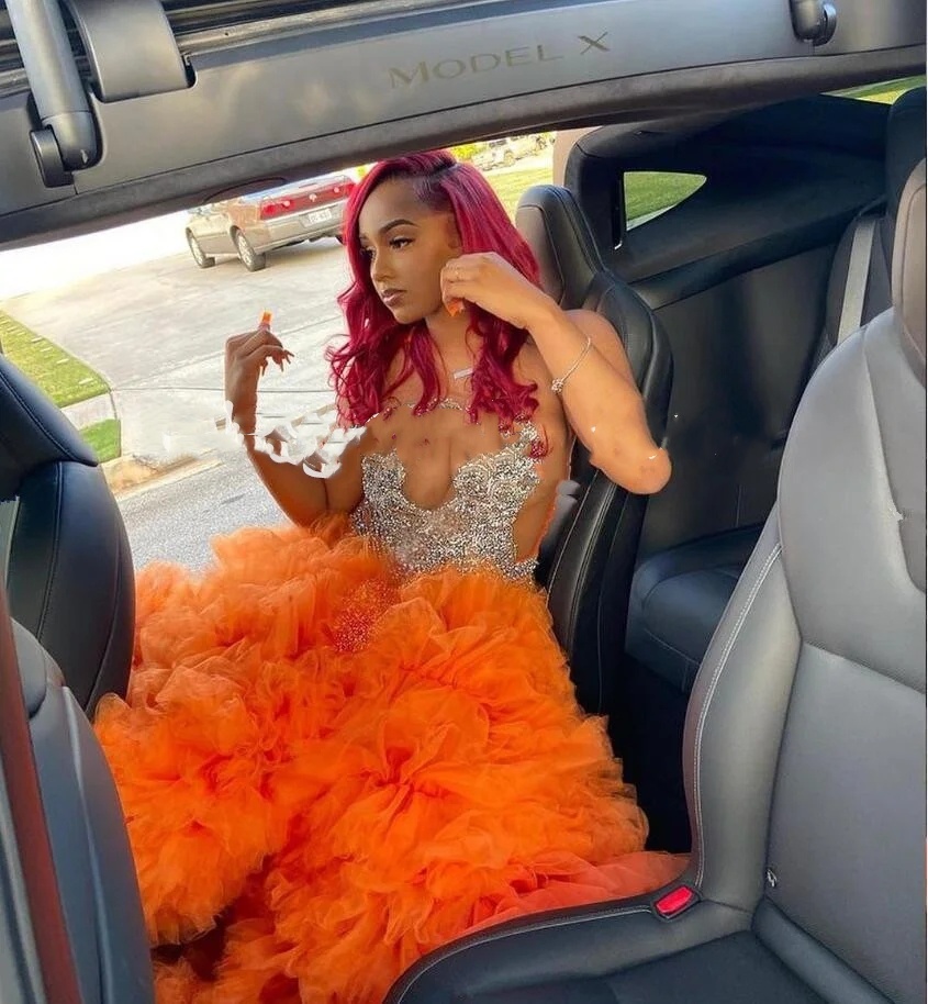 Orange Ruffles Bottom Mermaid Prom Formal Dresses For Women Sparkly Diamond Crystal Evening Birthday Gown Robe De Soiree 0431
