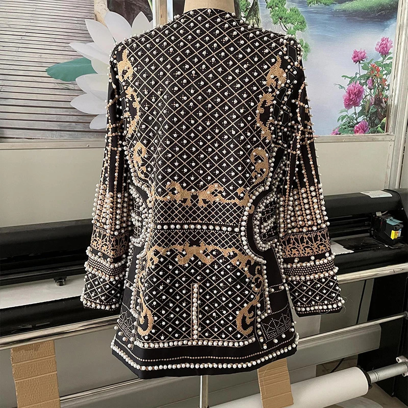 Women Suit Jacket V-Neck Long Sleeved Bubble Bead Print Retro Elegant Fashion Trend Versatile Loose Comfortable Suit Overcoat 240228