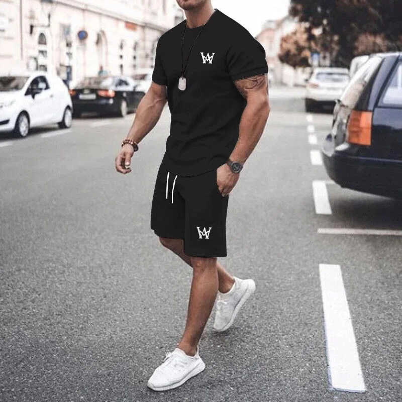Men Summer Outfits 2 Piece Sets Fashion Short Sleeve Muscle Tee Shirts And Shorts Beach Set Sports Tracksuit For Men 240229
