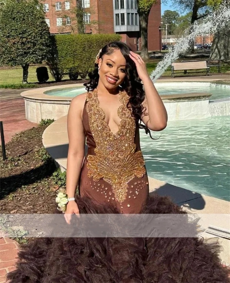 Brown Long Sparkly Diamonds Prom Dress 2024 Beads Crystals Rhinestones Tiered Ruffles Glitter Birthday Party Gowns for Black Girl