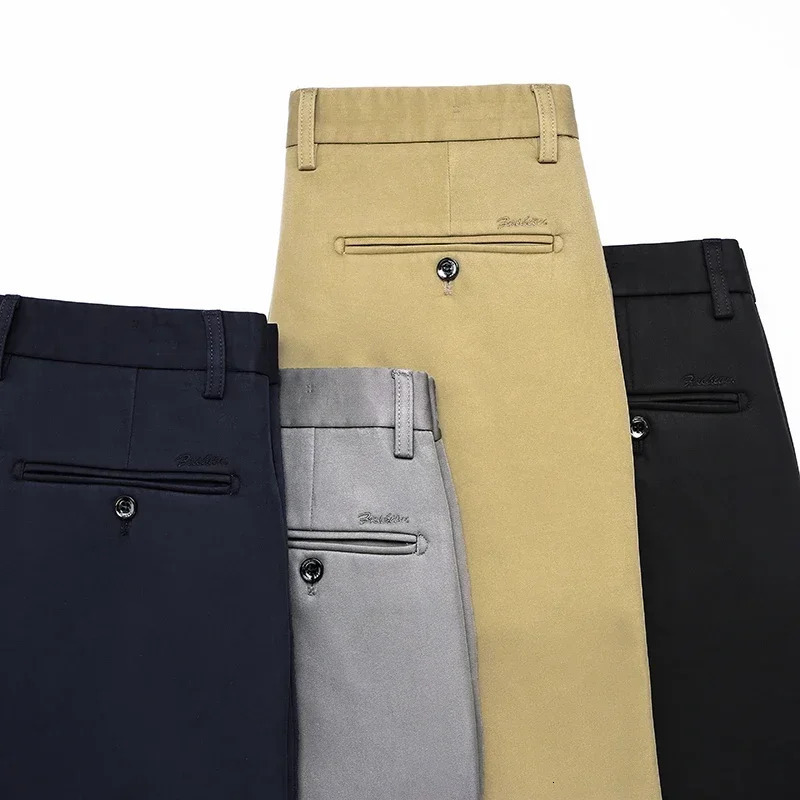 Classic Style Winter Warm Mens Business Straight Casual Pants Stretch Fabric Office Fleece Thicken Trousers Khaki Black 240226