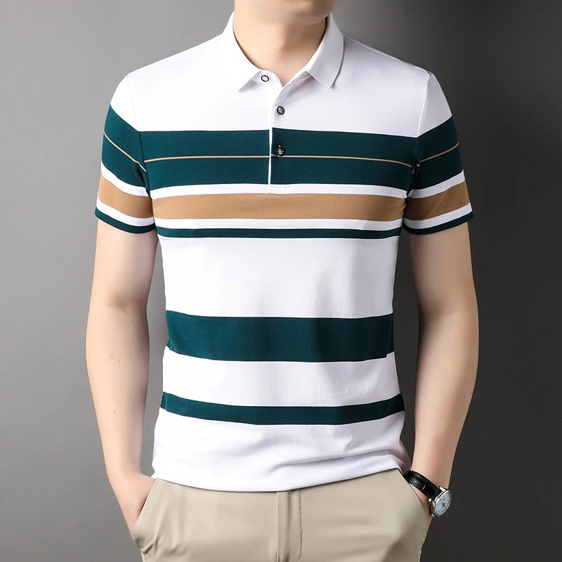 Mens Polo Shirts Korea Man Golf Shirts Summer Striped Print Button Clothing Business Style Male Streetwear Short Sleeve T-Shirt 240304