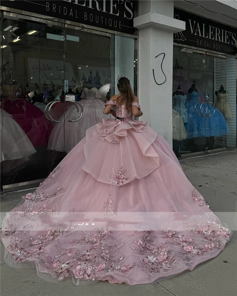 Elegant Off Shoulder Ball Gown Quinceanera Dress With Beaded Appliques & 3D Wers Lace Up Back