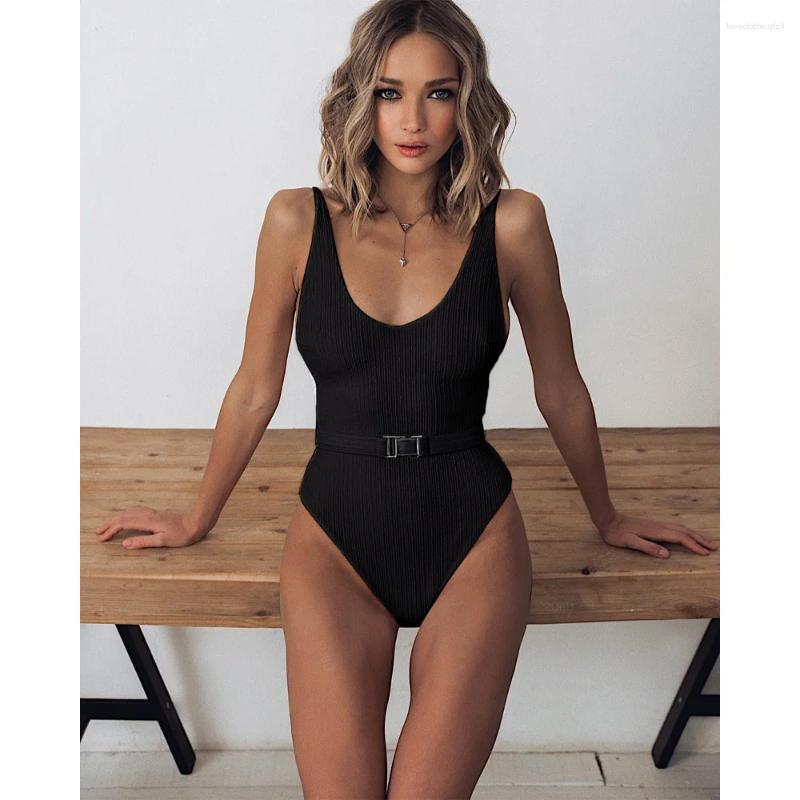 Women One Piece Swimsuit V Neck Belted Backless Brazilian Swimwear