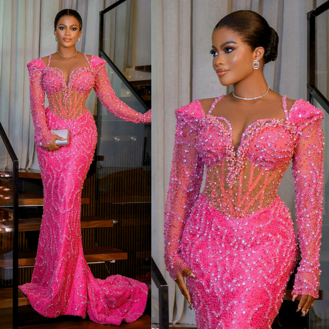 Nigeria Plus African Size Prom Pink Evening Dresses Long Sleeves Sequin Lace Formal Dress Rhies Mermaid Illusion Birthday Gowns For Black Women Nl588 