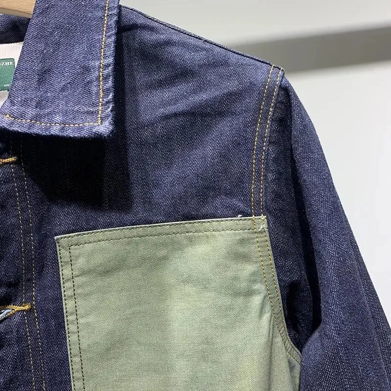 Korean Fashion Patchwork Denim Jacket For Men Spring Autumn American Pockets Cargo Streetwear Trend Male Coat Mens Clothing 240223