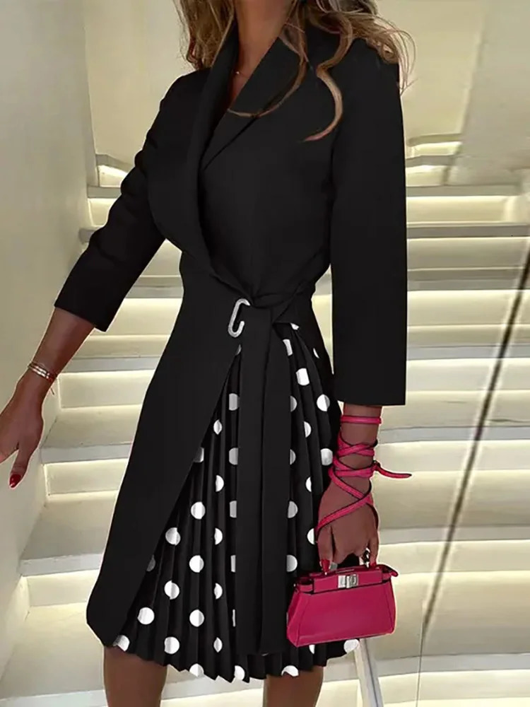 Women Autumn V Neck Party Dress Office Lady Printed Lacing Up Elegant Three Quarter Sleeve Femme Slim Vestidos 240227