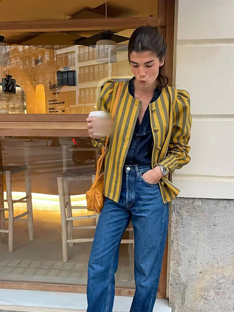 Fashion Contrast Strip Thin Crop Coat Women Elegant O Neck Puff Sleeve Bomber Jacket Spring Lady Chic Artistic Streetwear 240304