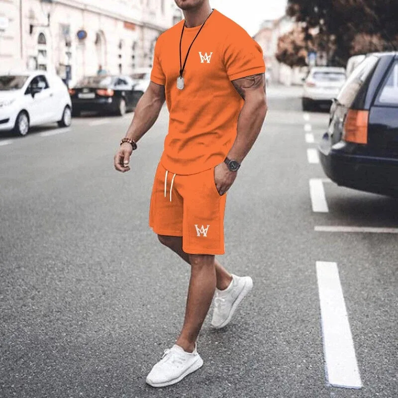 Men Summer Outfits 2 Piece Sets Fashion Short Sleeve Muscle Tee Shirts And Shorts Beach Set Sports Tracksuit For Men 240229
