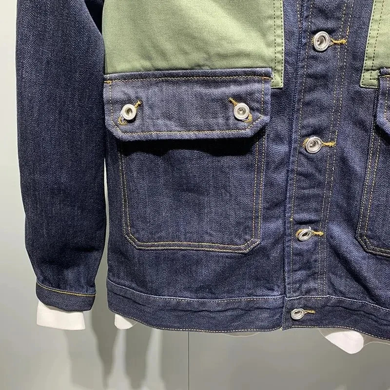 Korean Fashion Patchwork Denim Jacket For Men Spring Autumn American Pockets Cargo Streetwear Trend Male Coat Mens Clothing 240223
