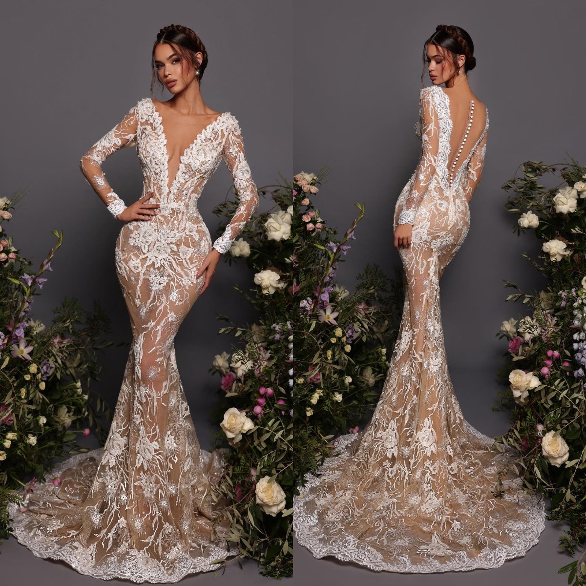 Mermaid Lace Dresses champagne ing V Neck Designer Wedding Dress long sleeves Illusion Back pearls embroidery wedding bridal gowns