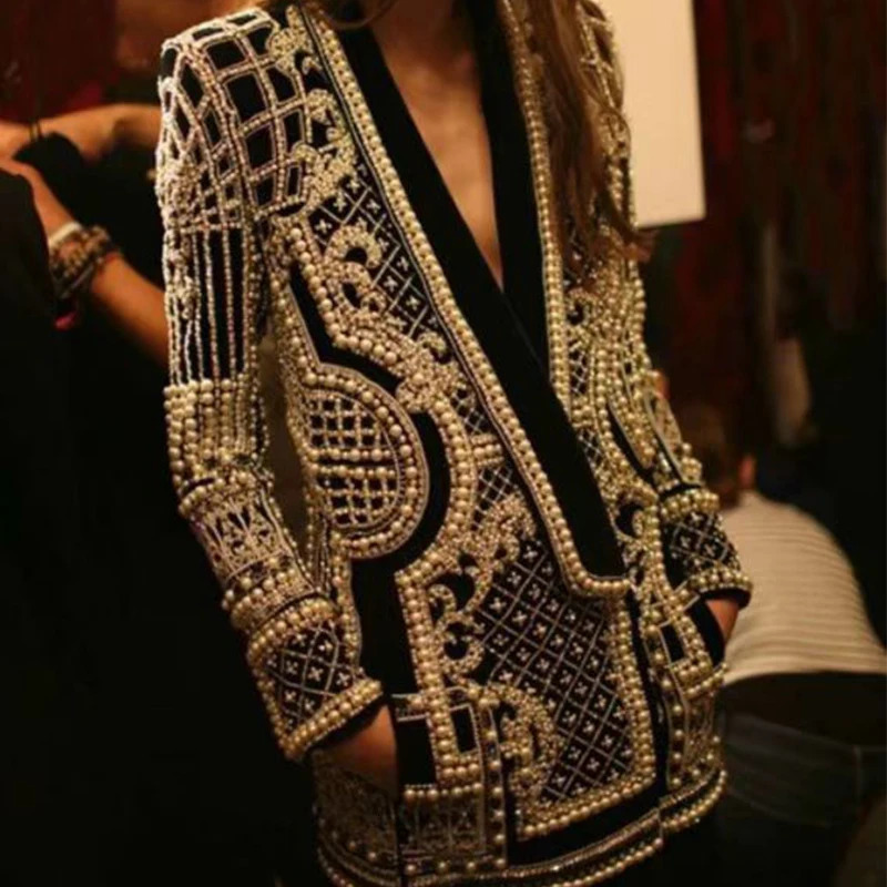 Women Suit Jacket V-Neck Long Sleeved Bubble Bead Print Retro Elegant Fashion Trend Versatile Loose Comfortable Suit Overcoat 240228
