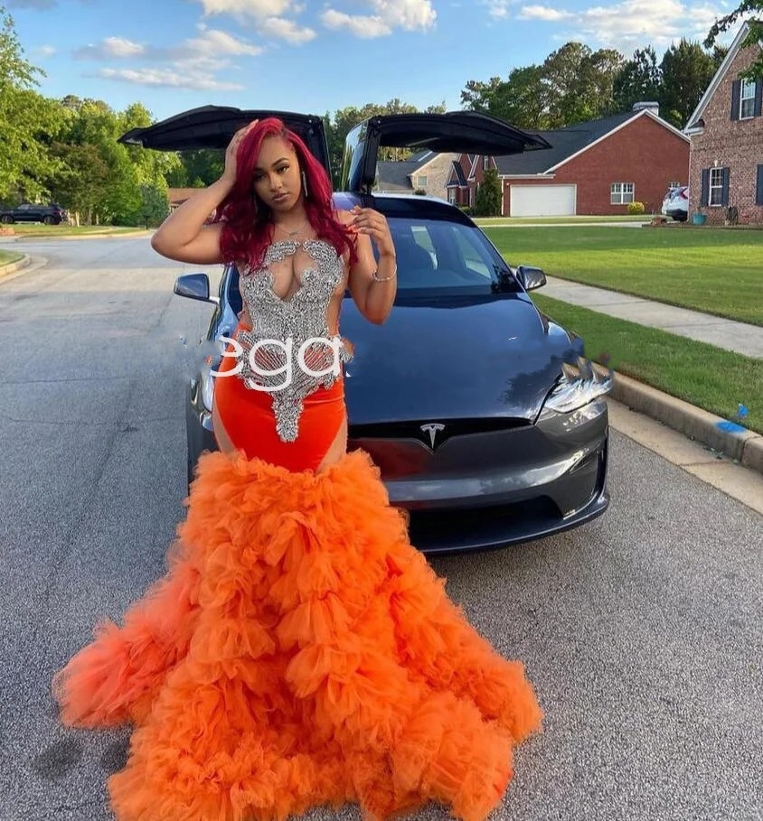 Orange Ruffles Bottom Mermaid Prom Formal Dresses For Women Sparkly Diamond Crystal Evening Birthday Gown Robe De Soiree 0431