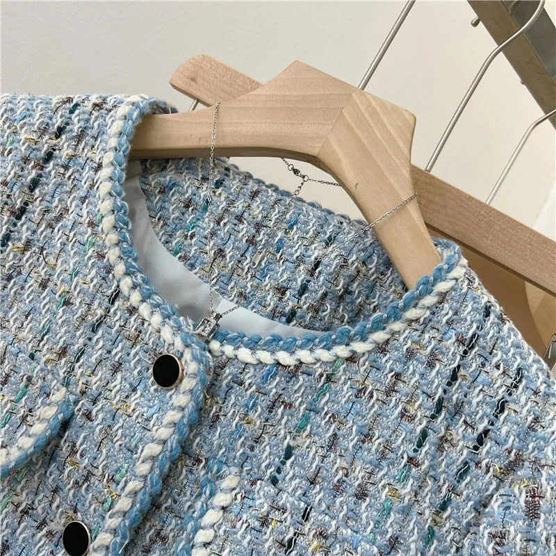 Autumn Winter Blue Tweed Knitted Coat Womens French Style Overcoat Small Fragrant Outwear Suit Top Short Jacket 240226