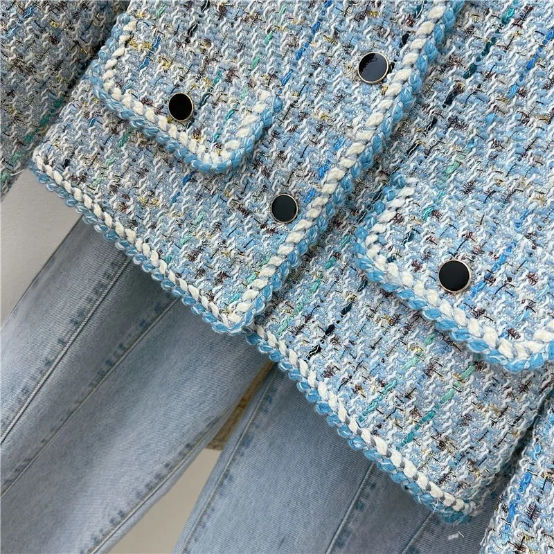 Autumn Winter Blue Tweed Knitted Coat Womens French Style Overcoat Small Fragrant Outwear Suit Top Short Jacket 240226