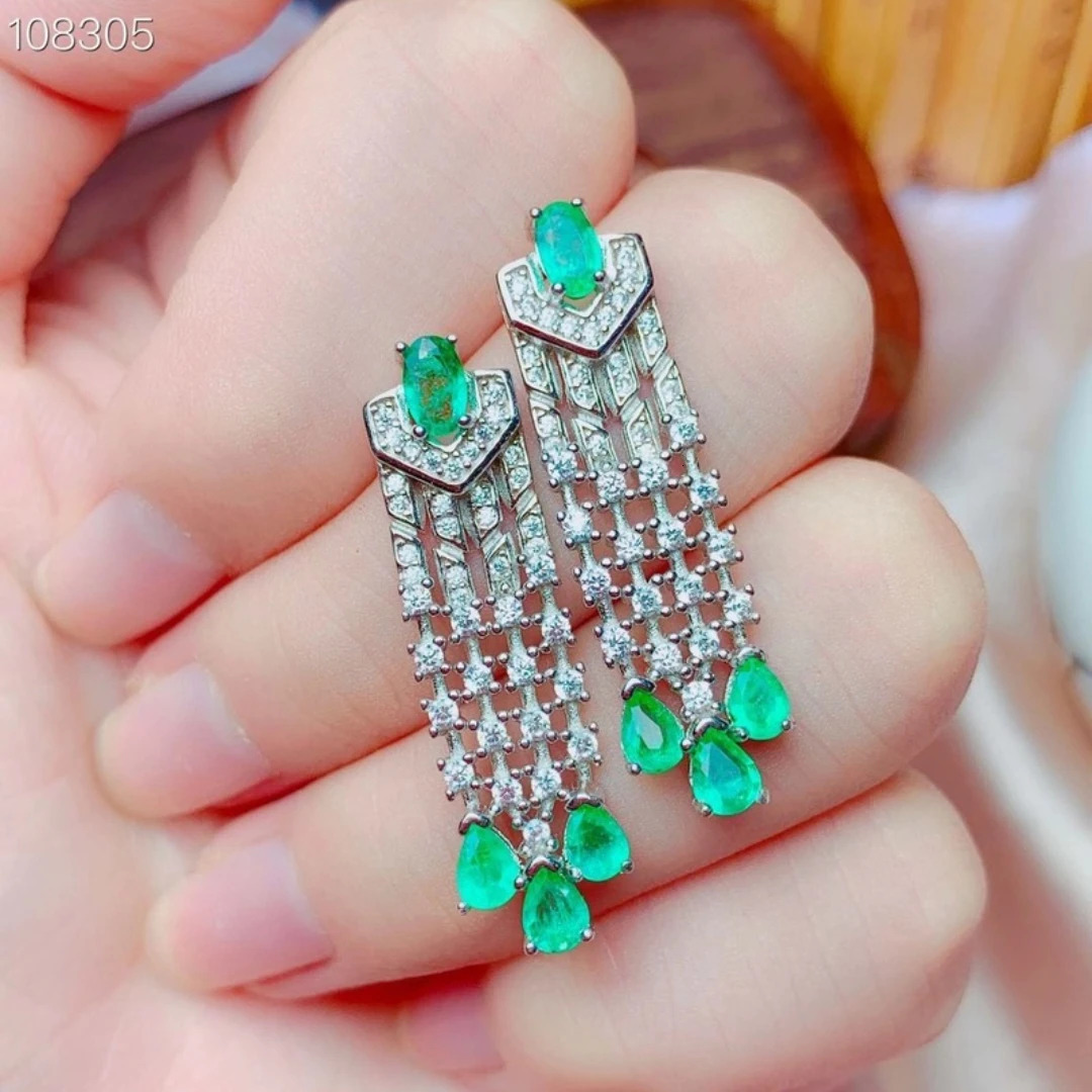 Natural Emerald Jewelry 925 Sterling Silver Created Green Gemstone Dangle Earrings Ring for Womens Gift 240301