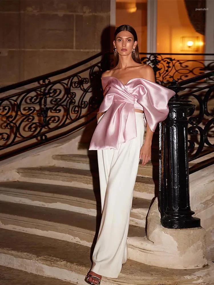 Women's Blouses Elegant Satin Top Women Sexy Off Shoulder Backless Pleated Female Club Party Shirts 2024 Spring Summer Street Bow Lace Up