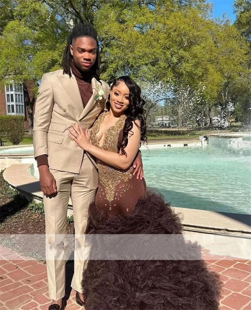 Brown Long Sparkly Diamonds Prom Dress 2024 Beads Crystals Rhinestones Tiered Ruffles Glitter Birthday Party Gowns for Black Girl