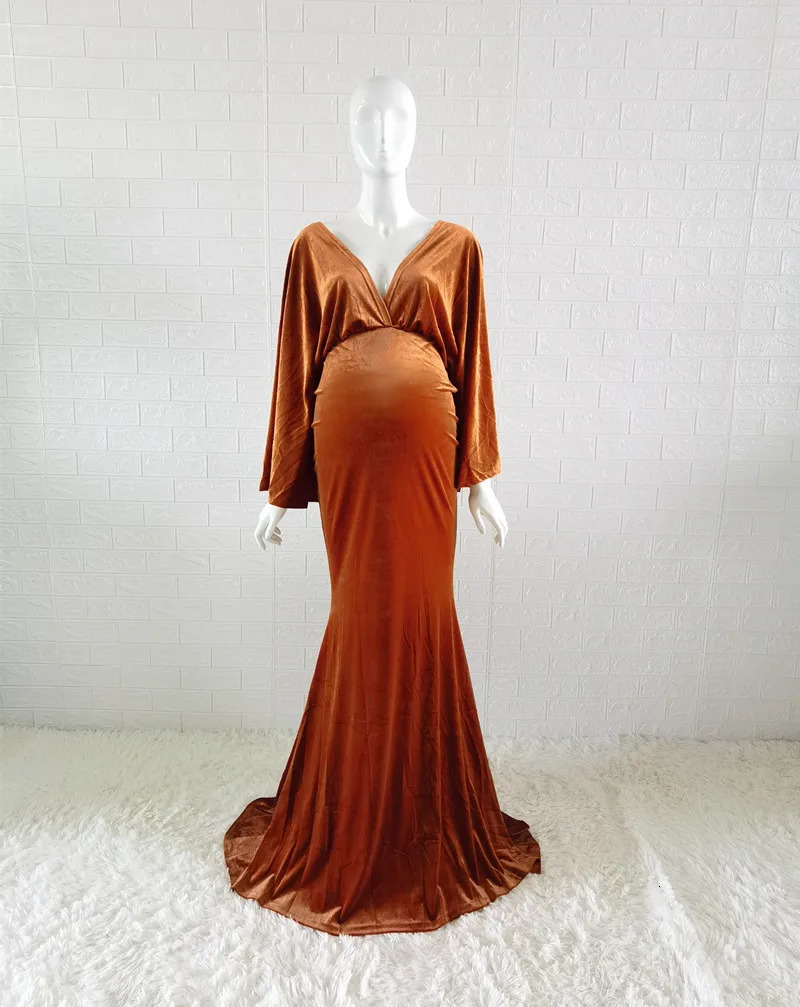 Winter Velvet Boho Maternity Long Dress For Po Shoot Bohemian Pography Bodycon Vneck 240301