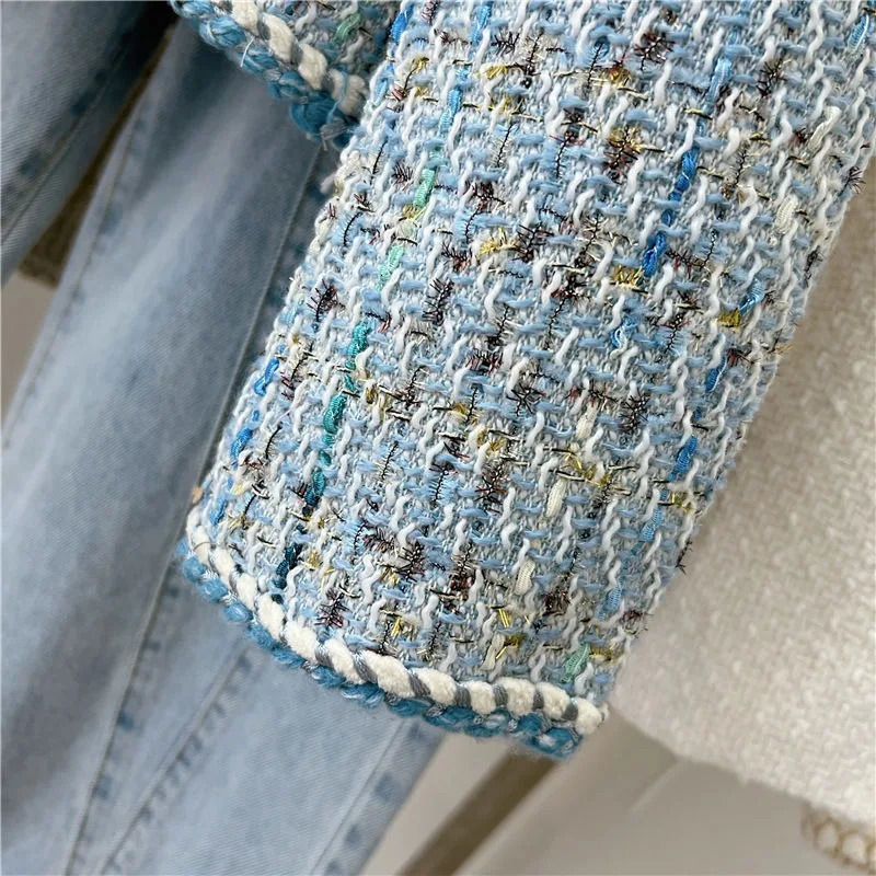 Autumn Winter Blue Tweed Knitted Coat Womens French Style Overcoat Small Fragrant Outwear Suit Top Short Jacket 240226