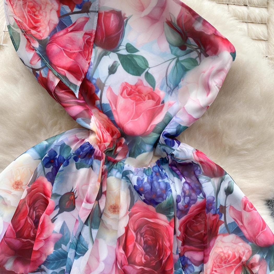 Vacation Dress 2024 Spring/Summer New Small and Popular Slant Neck Off Shoulder Heart Machine Split Long Chiffon Printed Skirt