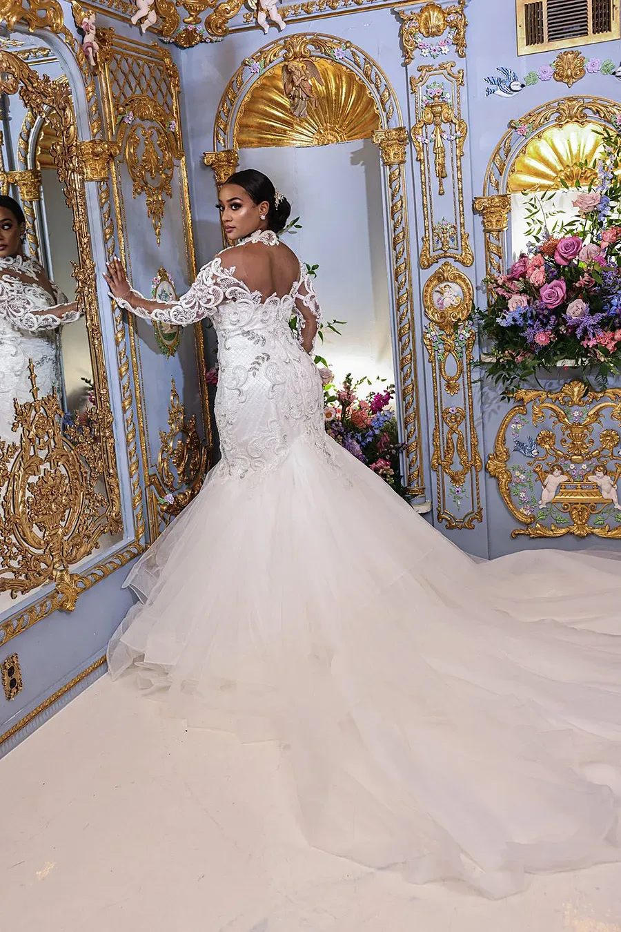 Arabic Aso Luxurious Ebi Mermaid Wedding Dress Lace Appliqued Beaded Bridal Gowns Long Sleeves Sheer Jewel Neck Sweep Train Vestido De Novia Custom Ma