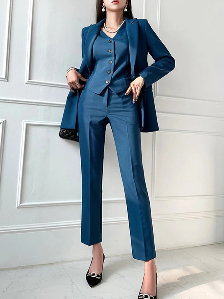 Fashion Korean Women Blazer 3 Pcs Elegant Long Sleeve Suit Jackets Vest and Straight Pants Female Chic Business Outfits 240226