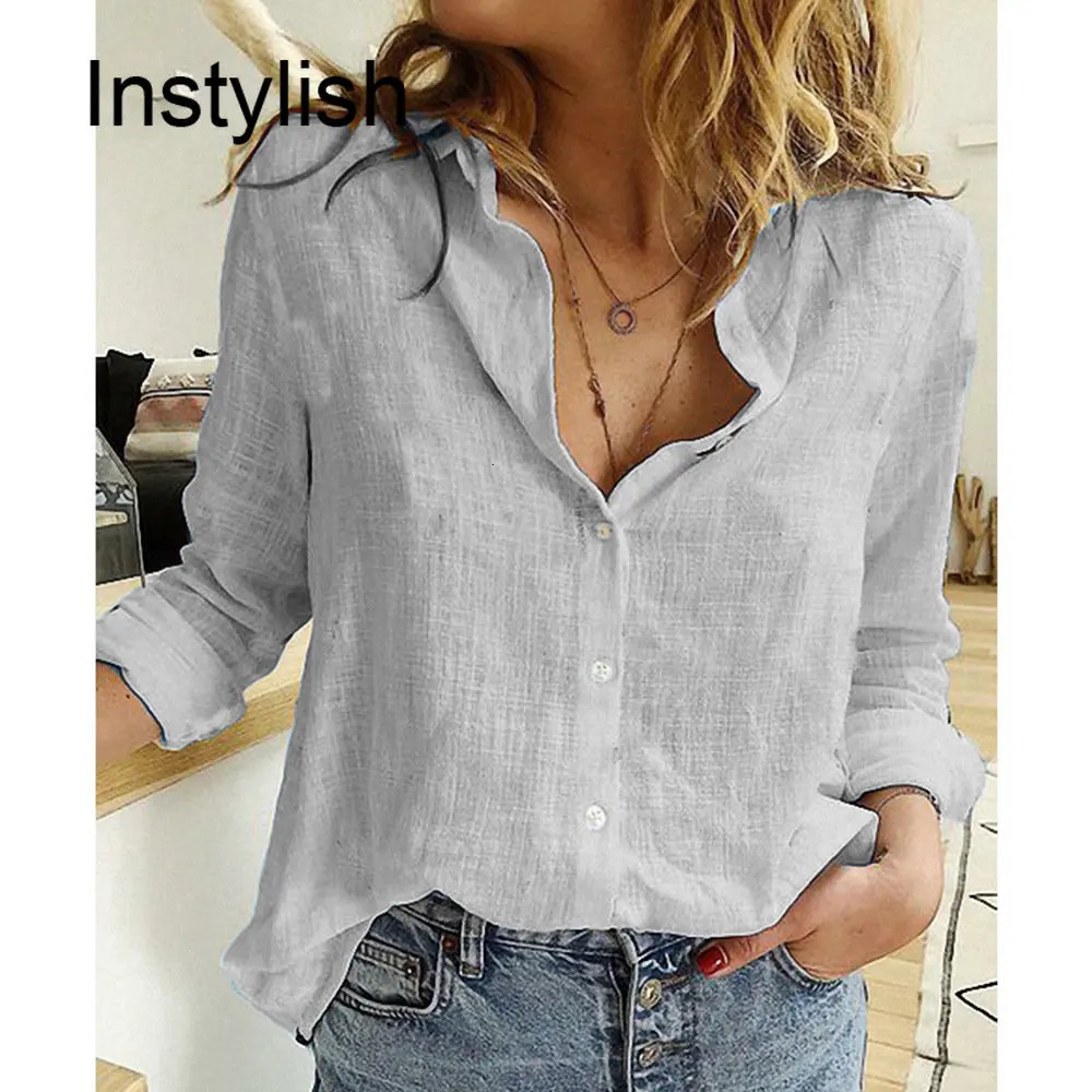 Women Casual Long Sleeve Cotton Linen Loose Shirt Elegant Solid Harajuku Lapel Blouse Vintage Oversize Tops Y2K Streetwear Tunic 240229
