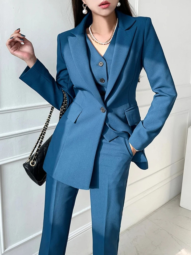 Fashion Korean Women Blazer 3 Pcs Elegant Long Sleeve Suit Jackets Vest and Straight Pants Female Chic Business Outfits 240226