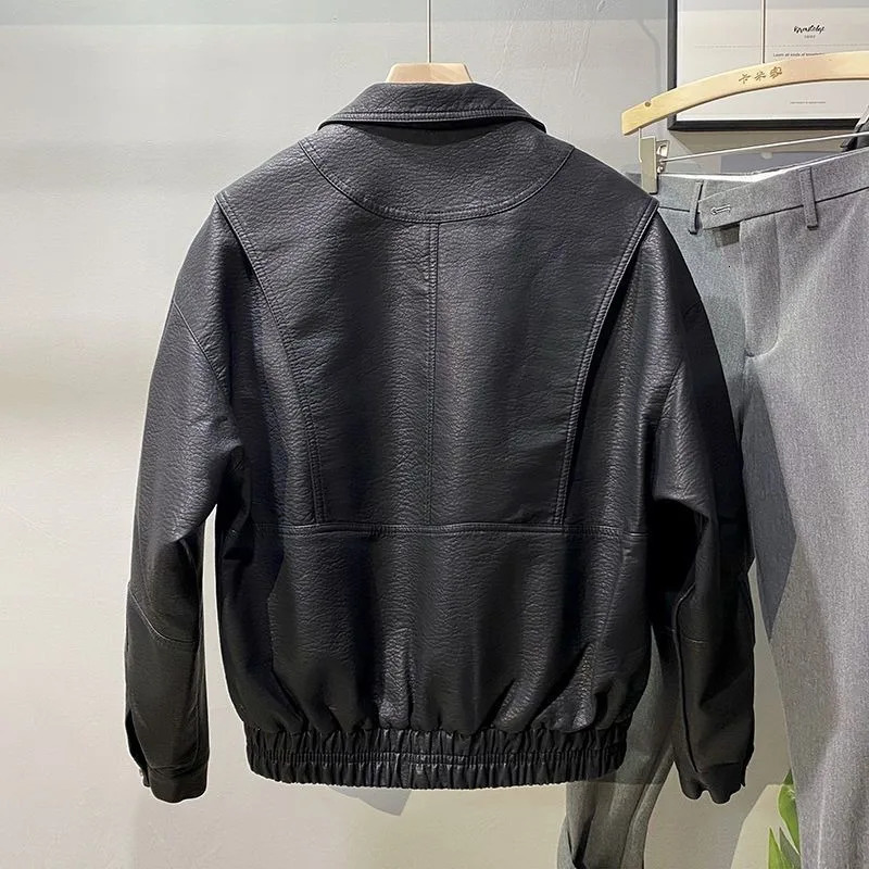 Handsome Lapel American Motorcycle Leather Jacket 2024 Spring Autumn Style Short Fashionable Retro Men 240223