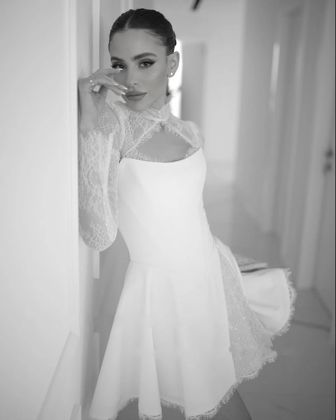2025 Short A Line Wedding Dress With Jacket Long Sleeves High Neck Mini Bridal Party Gowns Robe De Mariee Vestidos De Novias