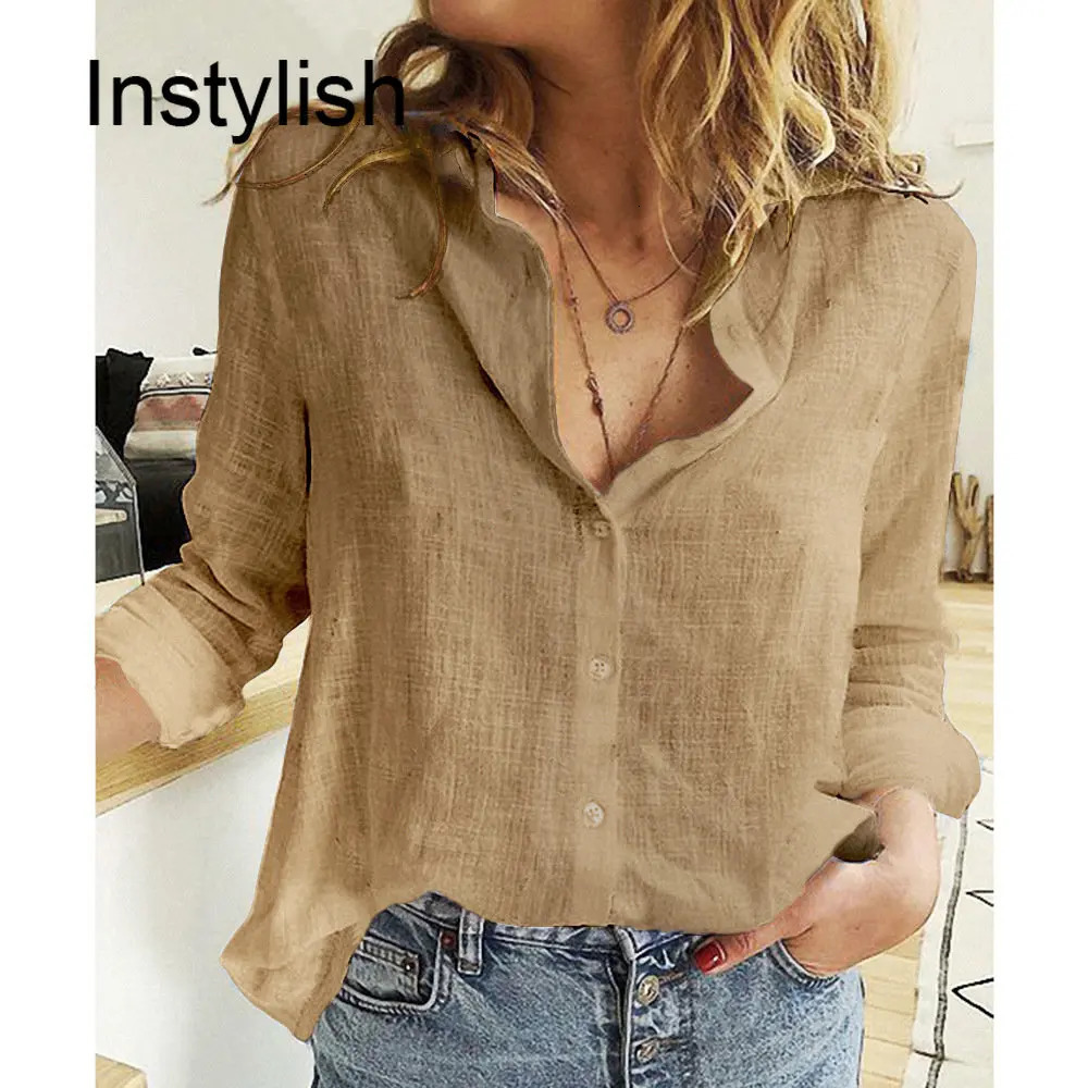 Women Casual Long Sleeve Cotton Linen Loose Shirt Elegant Solid Harajuku Lapel Blouse Vintage Oversize Tops Y2K Streetwear Tunic 240229