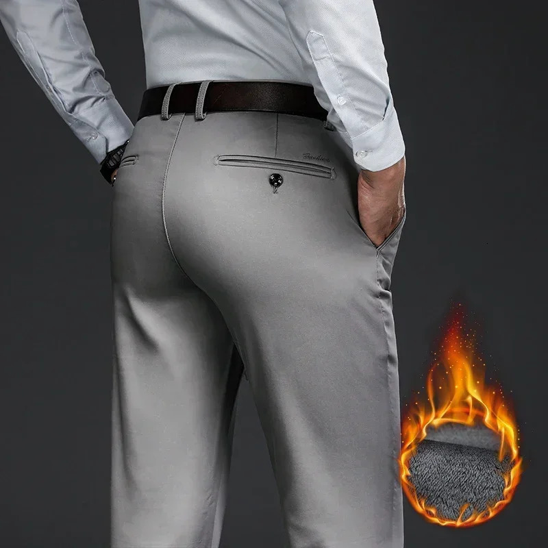 Classic Style Winter Warm Mens Business Straight Casual Pants Stretch Fabric Office Fleece Thicken Trousers Khaki Black 240226