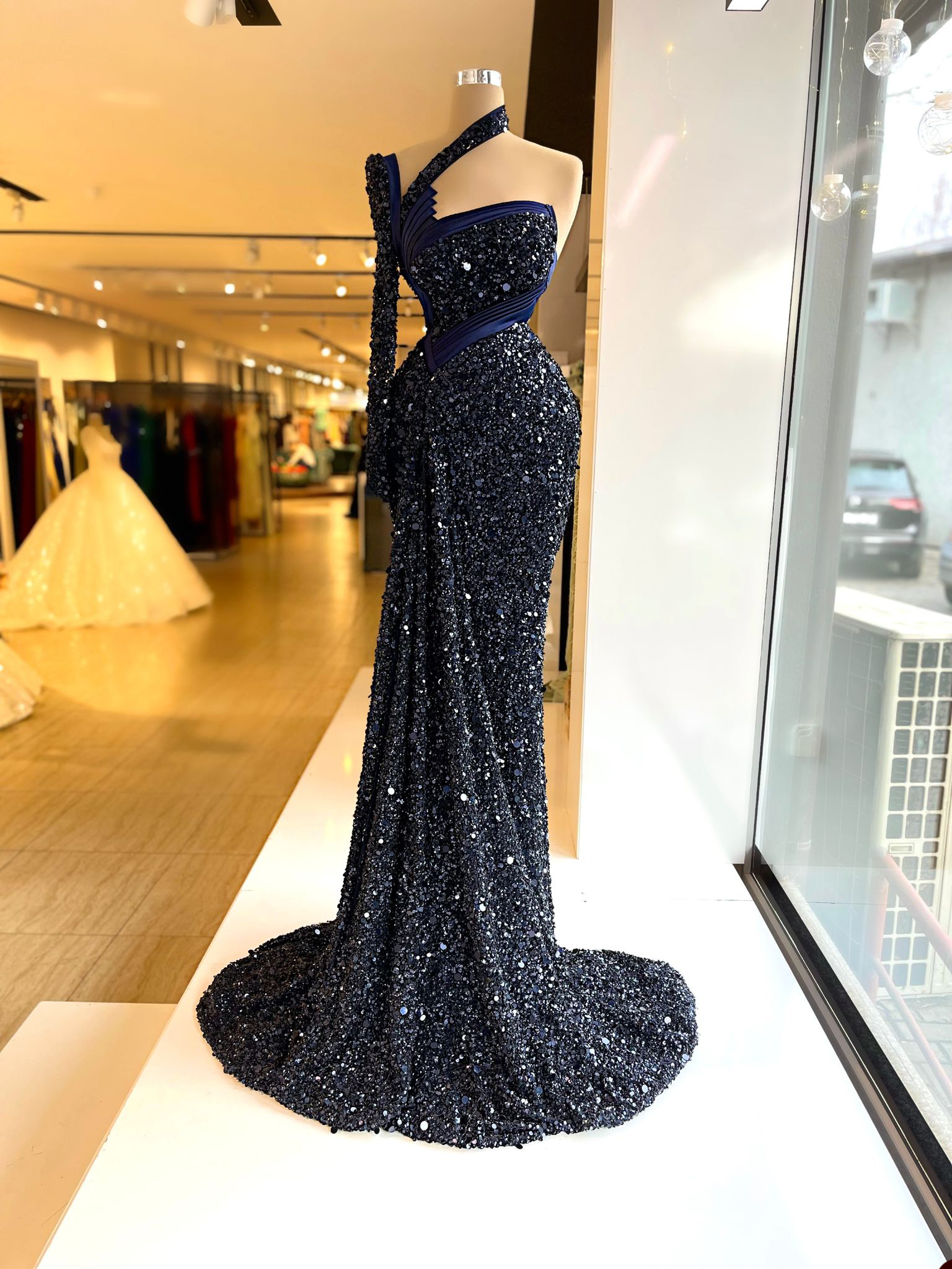 Shoulder Stylish One Evening Dresses Sequins Mermaid Prom Gowns Long Sleeve Sheer Neck Sheath Custom Made Formal Party Dress Plus Size 0220