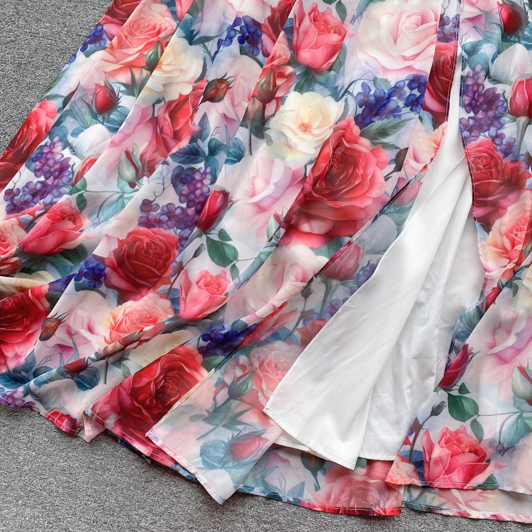 Vacation Dress 2024 Spring/Summer New Small and Popular Slant Neck Off Shoulder Heart Machine Split Long Chiffon Printed Skirt